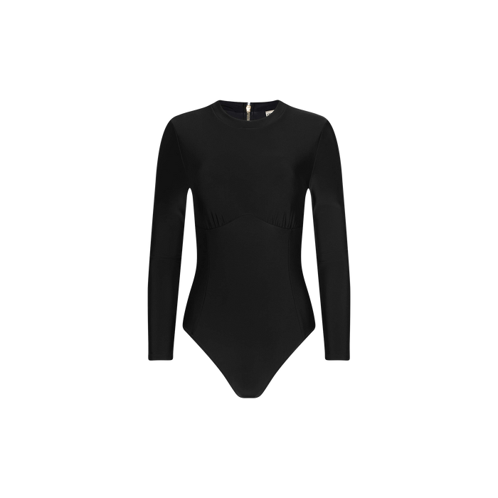 The Lambert Paddlesuit is a black, long-sleeve bodysuit featuring a crew neck and seam detail under the bust, made from four-way stretch nylon for a sculpted silhouette, and shown against a plain white background.