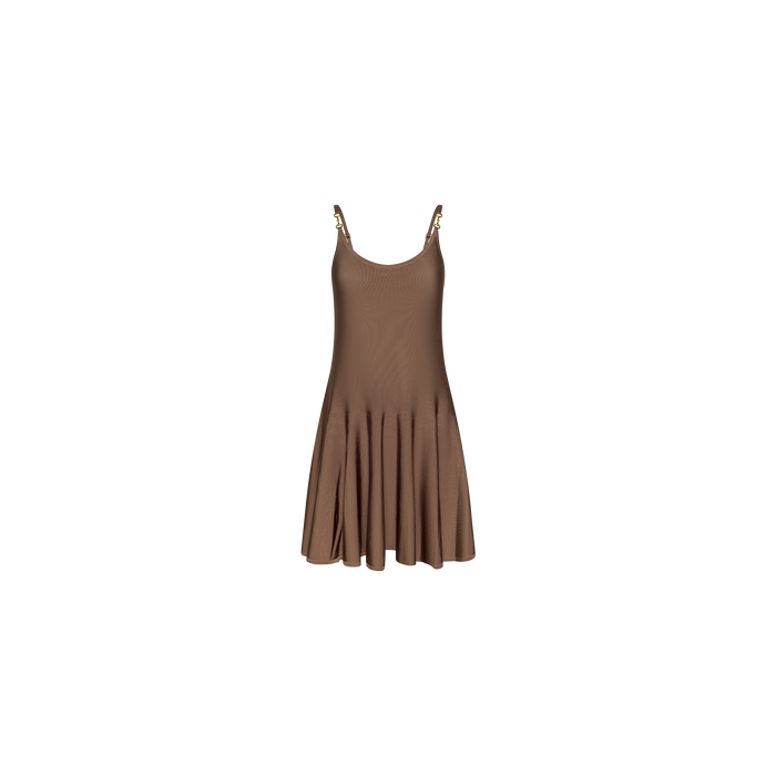 The Lana Knit Dress is a brown stretch knit dress featuring thin straps and a flared skirt, displayed on a plain white background.