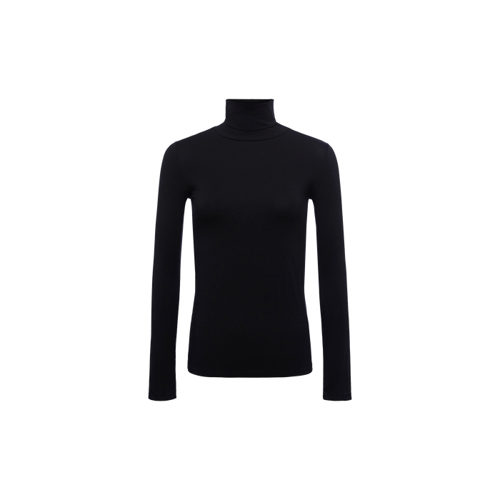 The Lani Turtleneck, a black long-sleeve shirt with a slim fit, is displayed on a plain white background and shown from the front without any visible logos or designs, highlighting its sleek, modern silhouette.