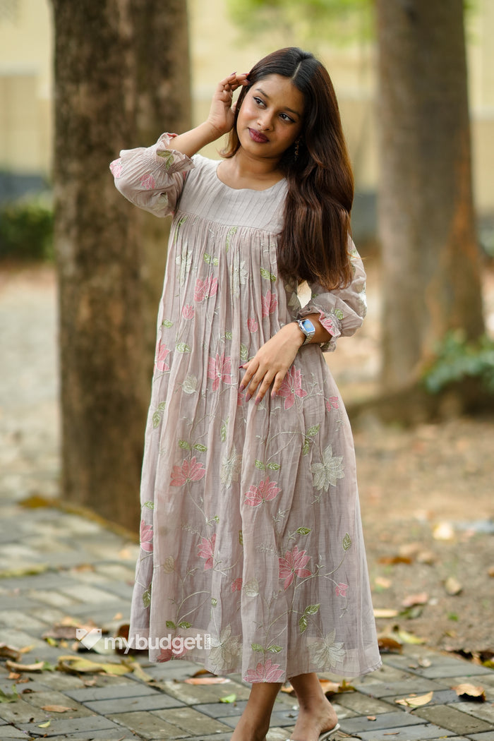 Latte shaded mul chanderi kurti with multithreaded floral embroidery MBS-861