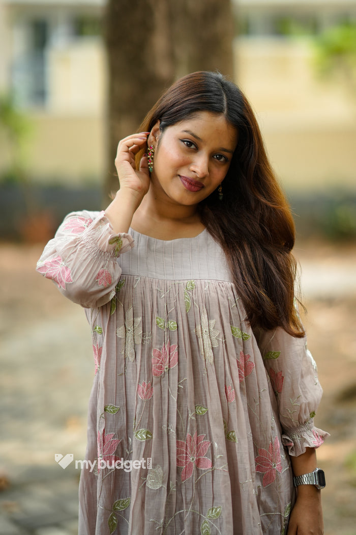 Latte shaded mul chanderi kurti with multithreaded floral embroidery MBS-861