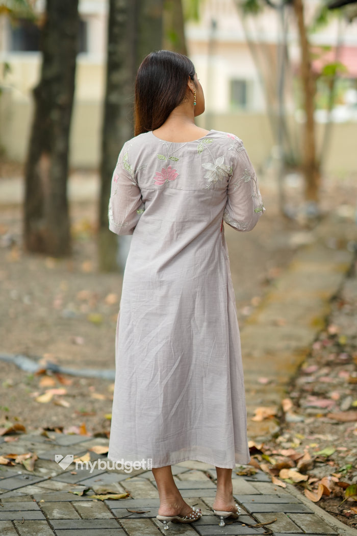 Latte shaded mul chanderi kurti with multithreaded floral embroidery MBS-861
