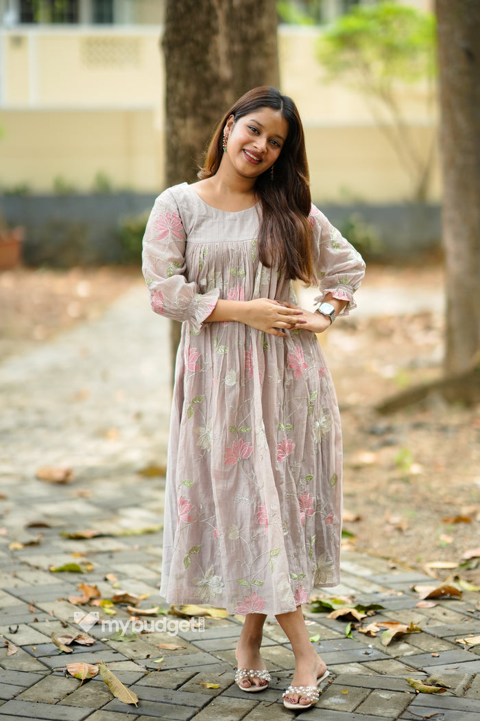 Latte shaded mul chanderi kurti with multithreaded floral embroidery MBS-861