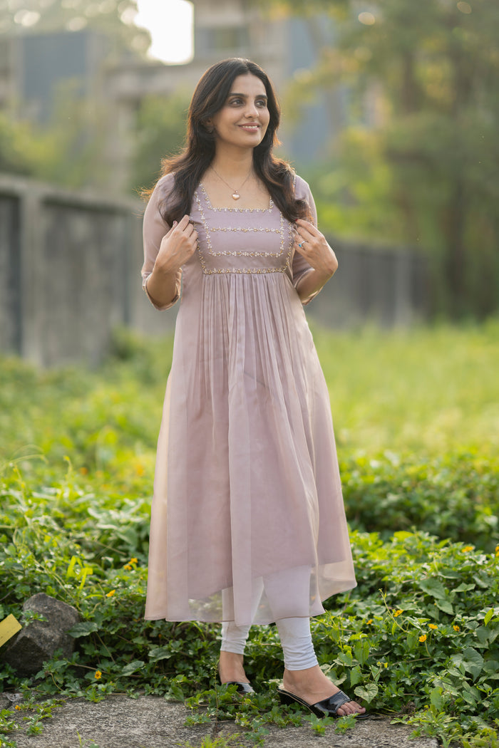 Latte shaded soft organza kurti with handworked yoke and sleeves MBS-282 **Ready to dispatch**