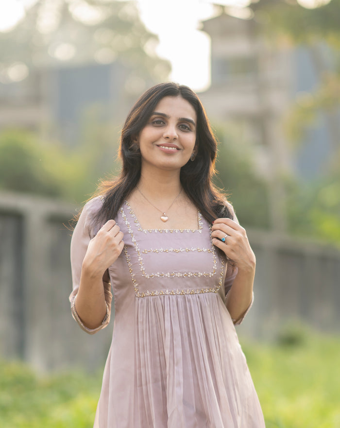 Latte shaded soft organza kurti with handworked yoke and sleeves MBS-282 **Ready to dispatch**