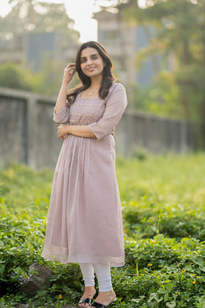 Latte shaded soft organza kurti with handworked yoke and sleeves MBS-282 **Ready to dispatch**