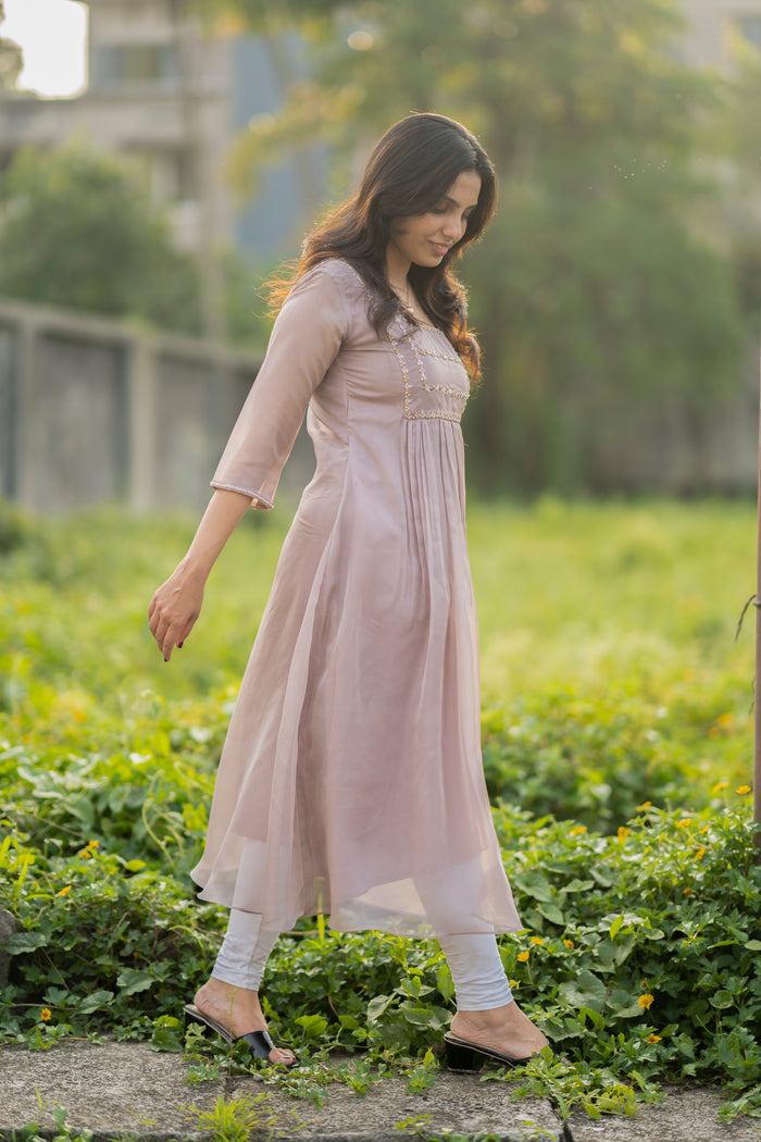 Latte shaded soft organza kurti with handworked yoke and sleeves MBS-282 **Ready to dispatch**