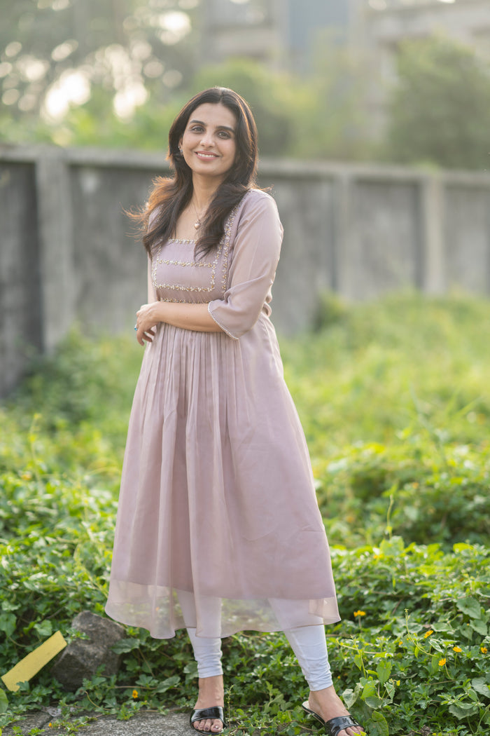 Latte shaded soft organza kurti with handworked yoke and sleeves MBS-282 **Ready to dispatch**