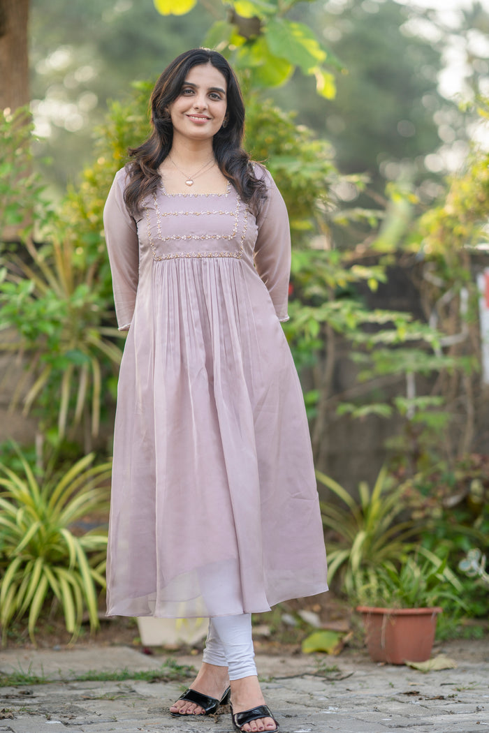 Latte shaded soft organza kurti with handworked yoke and sleeves MBS-282 **Ready to dispatch**