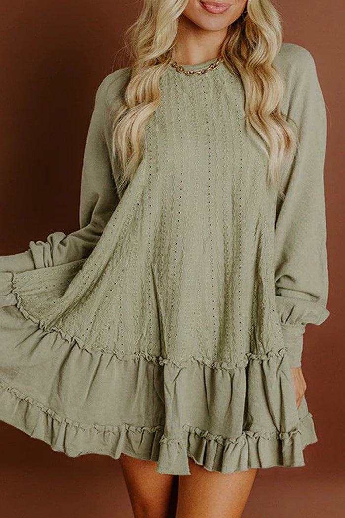 Laurel Green Jacquard Frilled Ruffled Long Sleeve Mini Dress Shewin