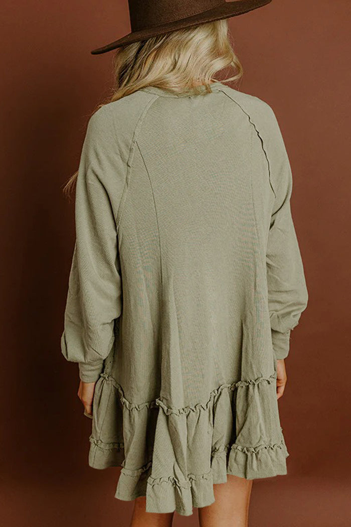 Laurel Green Jacquard Frilled Ruffled Long Sleeve Mini Dress Shewin