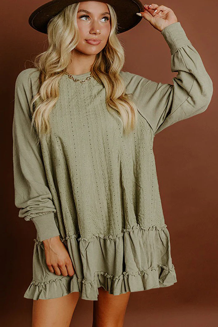 Laurel Green Jacquard Frilled Ruffled Long Sleeve Mini Dress Shewin