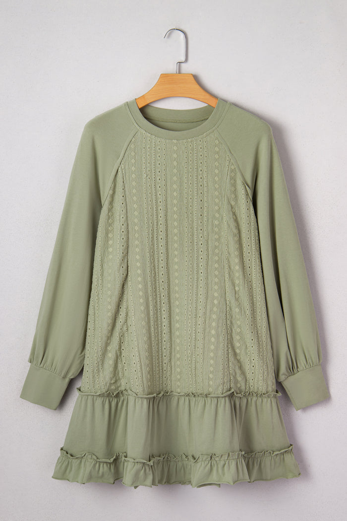 Laurel Green Jacquard Frilled Ruffled Long Sleeve Mini Dress Shewin