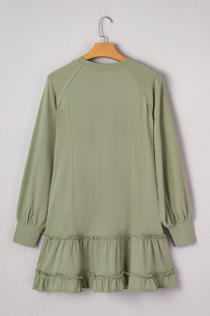 Laurel Green Jacquard Frilled Ruffled Long Sleeve Mini Dress Shewin