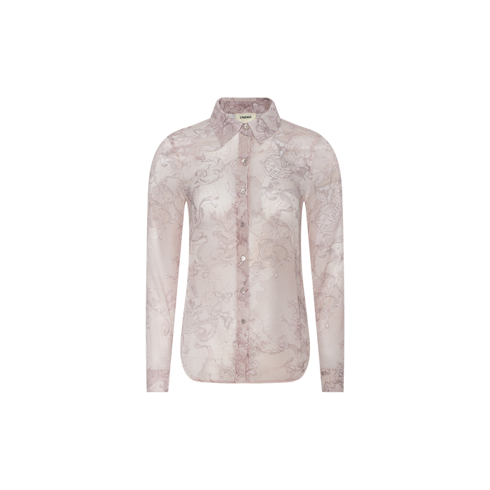 Laurent Blouse: A light pink sheer poly chiffon long-sleeve button-up blouse featuring a delicate swirling lace print and relaxed fit.