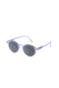 Sunglasses with purple frame and dark lenses on a white background