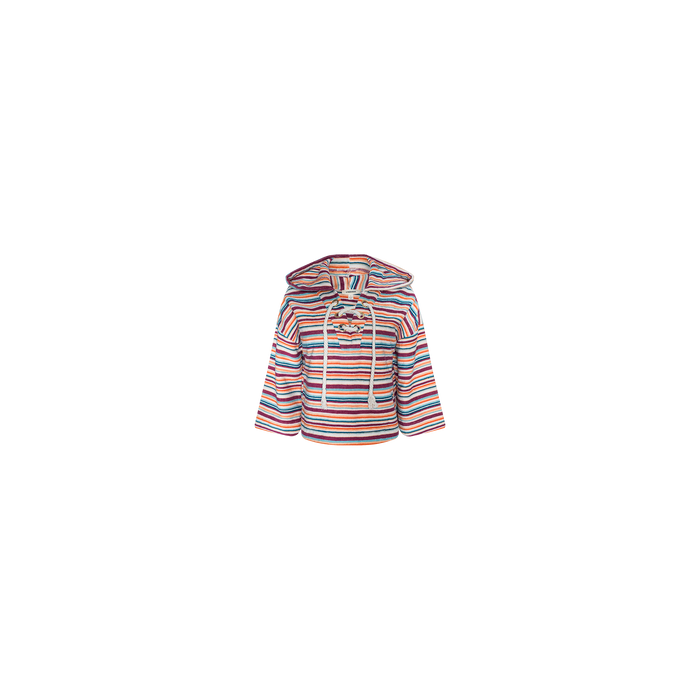 The Lee Cover-Up Poncho, featuring multicolored horizontal stripes, a hood, and cream drawstrings, is perfect for après-swim or poolside lounging and is displayed on a plain white background.