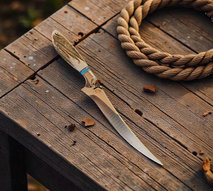 Legendary Cowboy Western Fillet Knife – 13” D2 Steel Blade with Antler Handle & Turquoise Inlay cskforged