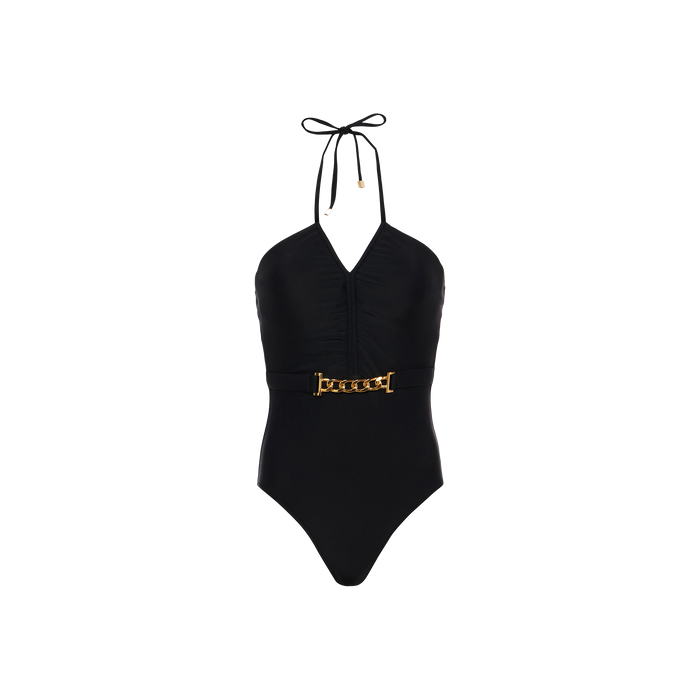 The Leila Halter One-Piece Swimsuit, featuring a black adjustable halter neckline, ruched front detailing, and a gold chain belt accent at the waist, is displayed against a plain white background.