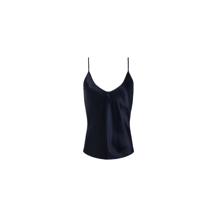 The Lexi Silk Camisole is a midnight blue charmeuse tank top featuring thin spaghetti straps and a subtle sheen, shown on a plain white background.