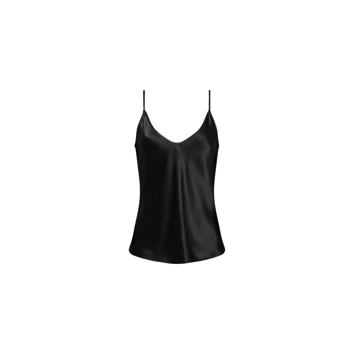 The Lexi Silk Camisole in black features adjustable spaghetti straps and is showcased against a plain white background.