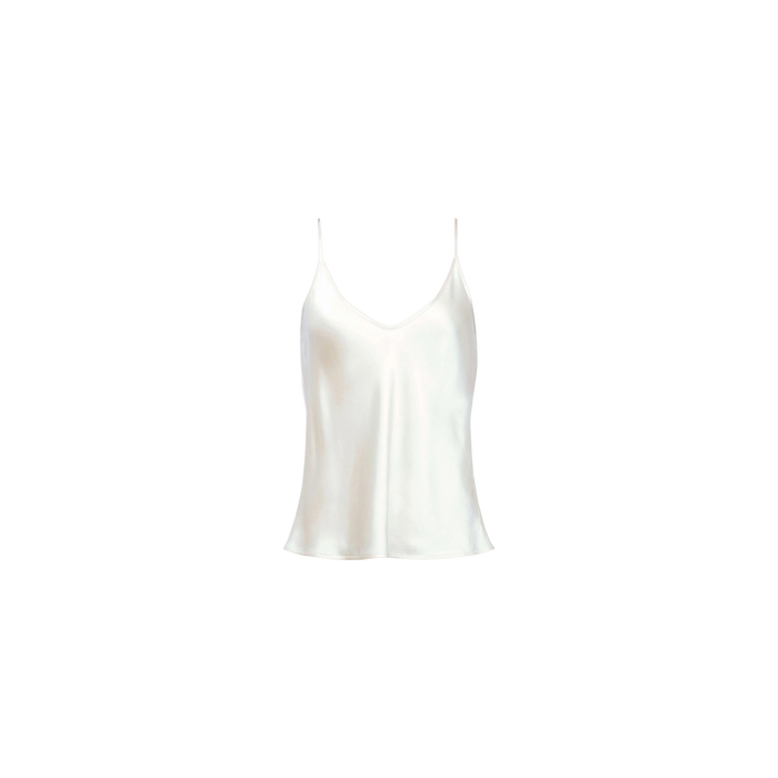 The Lexi Silk Camisole features a plain white design with adjustable spaghetti straps and a V-neckline, displayed against a light gray background.