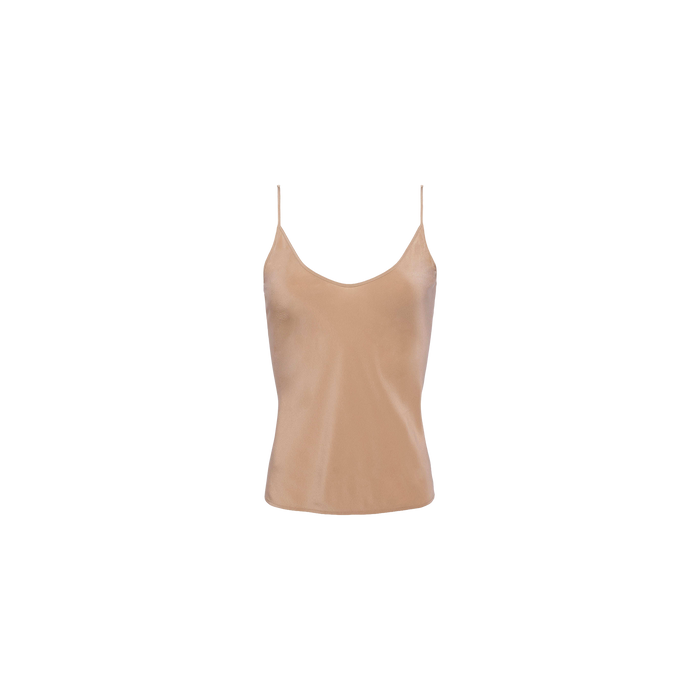 The Lexi Silk Camisole, featuring a nude hue and thin adjustable straps, is displayed on a plain white background.