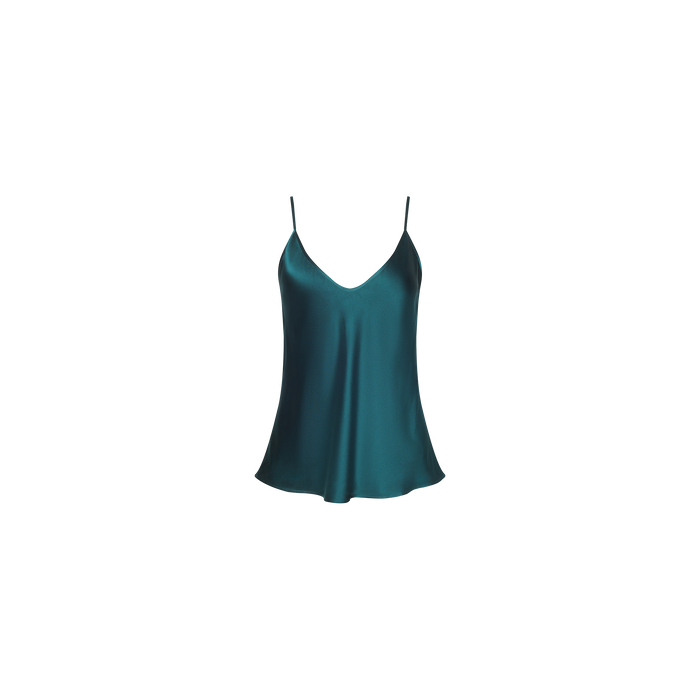 Lexi Silk Camisole in teal, featuring a bias cut, V-neckline, and thin adjustable straps, displayed on a plain white background.