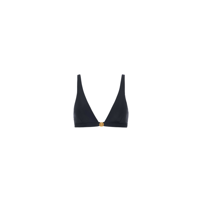 The Lexie Bikini Top is a black triangle bikini top with a deep V-neck and gold coin hardware clasp at the center, featuring adjustable straps for a secure fit. It is displayed on a plain white background.