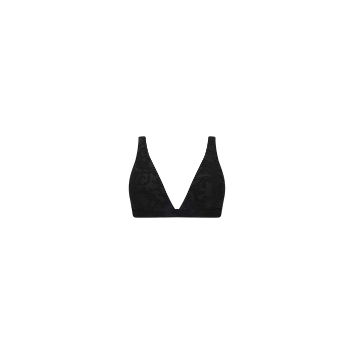 The Lexie Bikini Top, featuring a deep V-neckline, wide shoulder straps, and an unadorned black lace design with no visible clasps or embellishments, is displayed against a plain white background as an elegant alternative to a swim top.