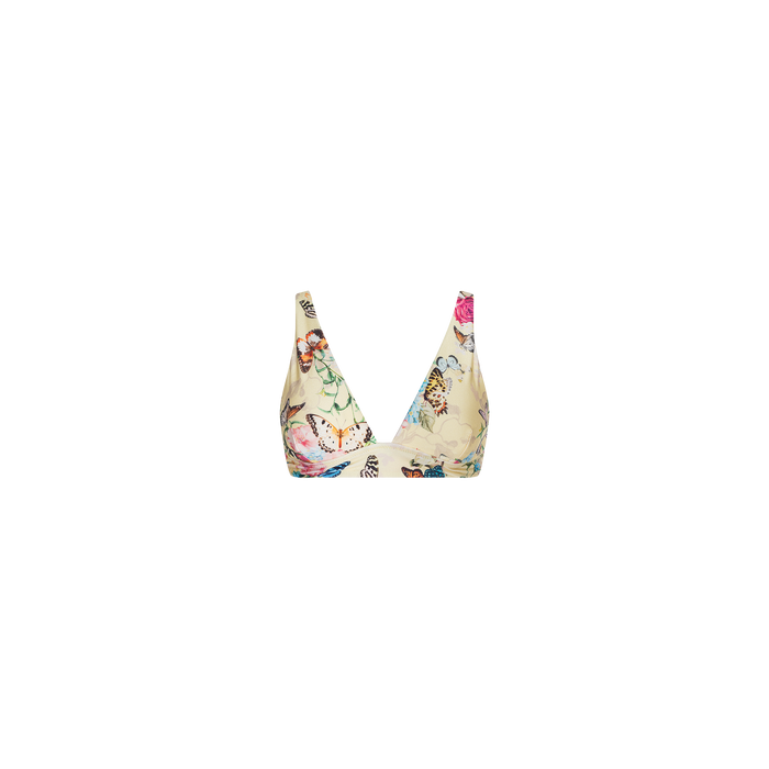 The Lexie Bikini Top is cream-colored with a vibrant floral and butterfly print, featuring a deep V-neckline and wide adjustable straps. It is displayed against a plain white background.