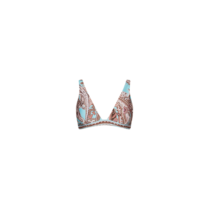 The Lexie Bikini Top is a triangle-style bikini top with a light blue and brown paisley print, featuring thin adjustable straps and a simple design, shown against a plain white background.