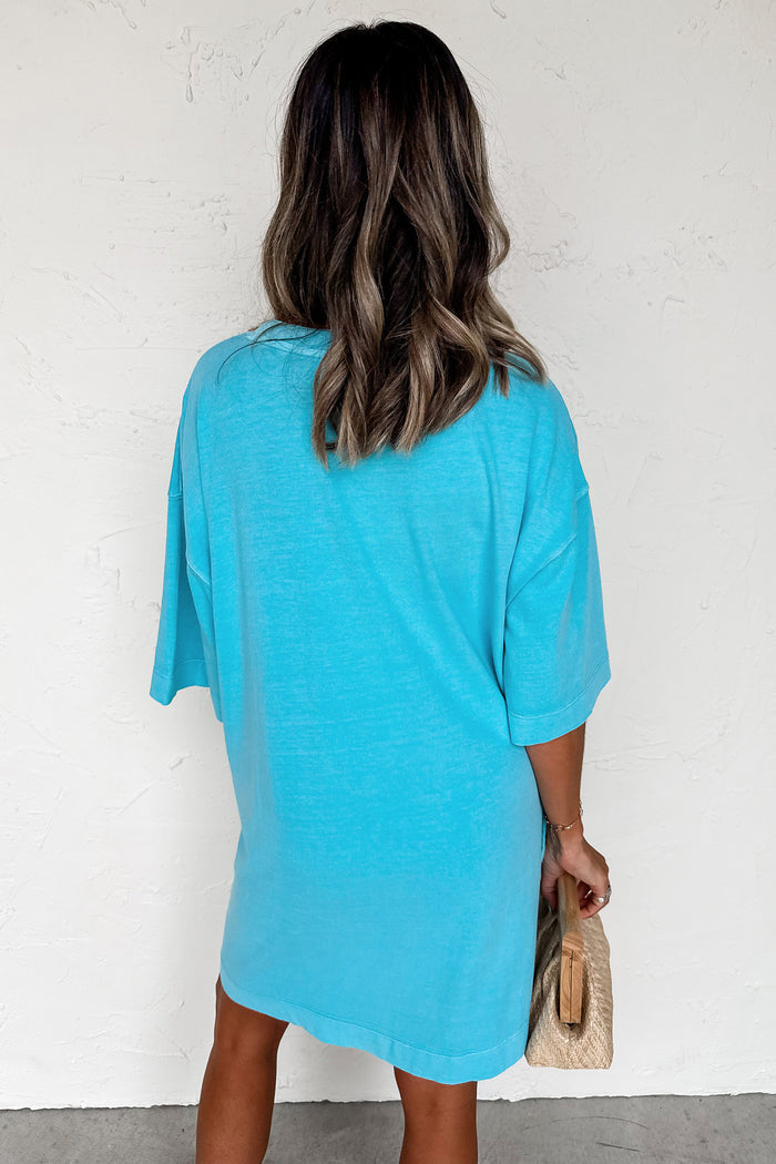Light Blue Drop Shoulder Loose Casual T Shirt Mini Dress Shewin