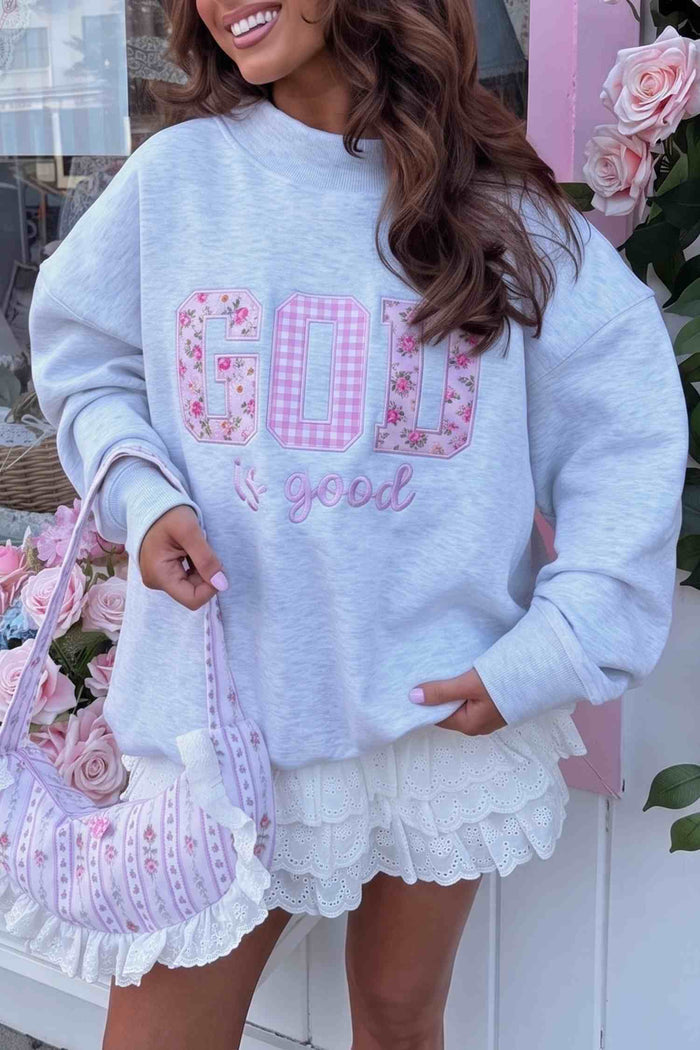 Light Grey GOD IS GOOD Letter Print Crewneck Pullover Sweatshirt Shewin
