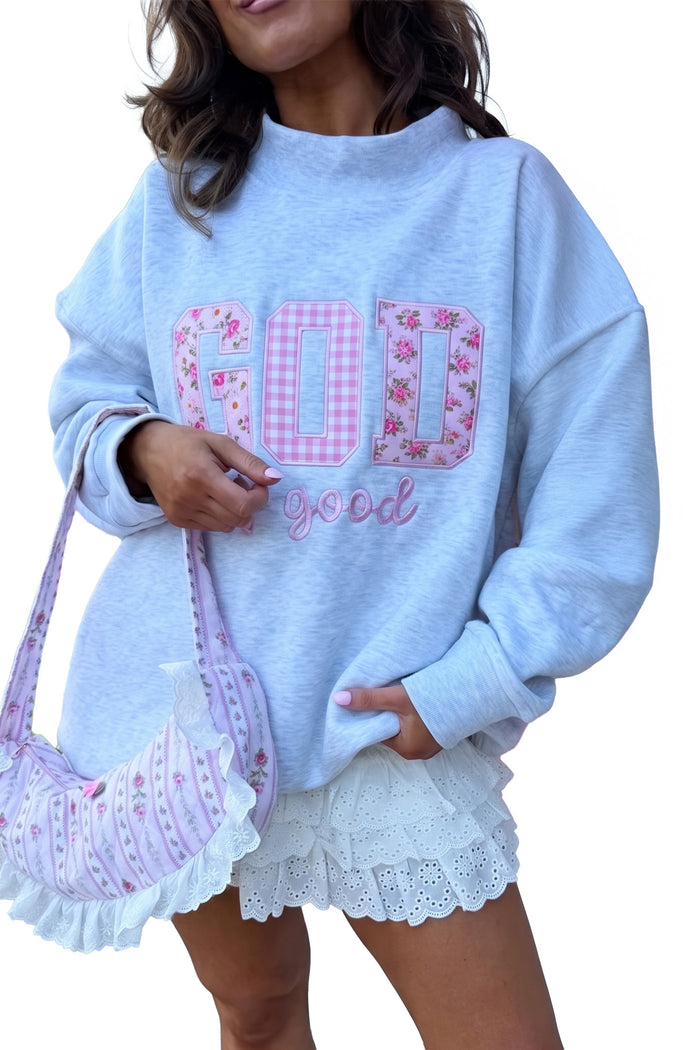 Light Grey GOD IS GOOD Letter Print Crewneck Pullover Sweatshirt Shewin