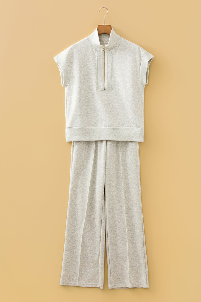 Light Grey Half Zip Polo Tee Casual Pant Set Shewin
