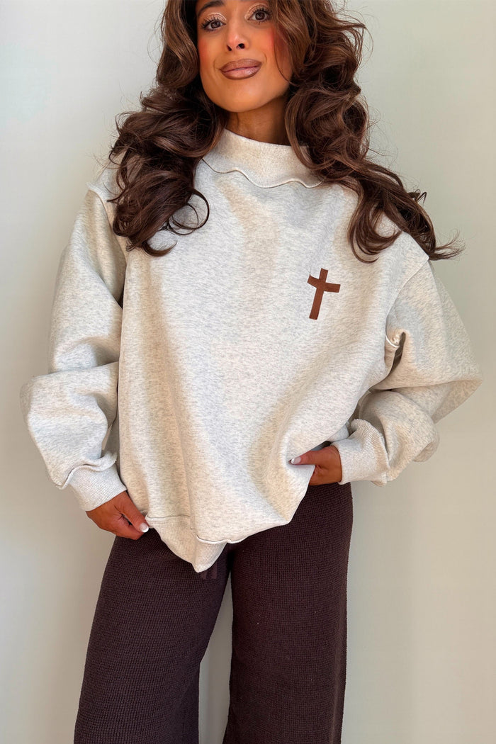 Light Grey Mock Neck Christian Faith Print Pullover Sweatshirt Shewin