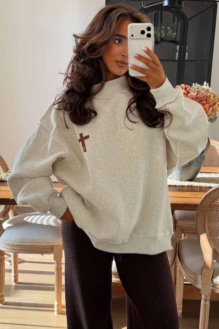 Light Grey Mock Neck Christian Faith Print Pullover Sweatshirt Shewin