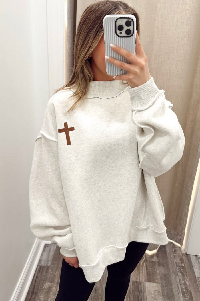 Light Grey Mock Neck Christian Faith Print Pullover Sweatshirt Shewin