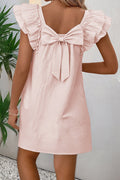 Light Pink Textured Flutter Sleeve Square Neck Bow Back Mini Dress Shewin