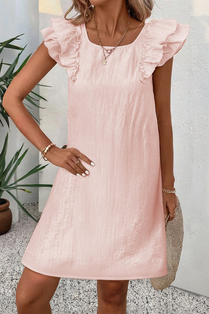 Light Pink Textured Flutter Sleeve Square Neck Bow Back Mini Dress Shewin