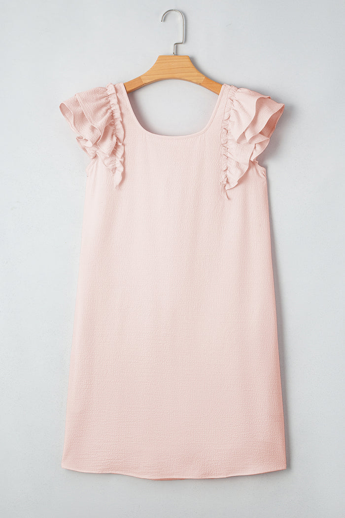 Light Pink Textured Flutter Sleeve Square Neck Bow Back Mini Dress Shewin
