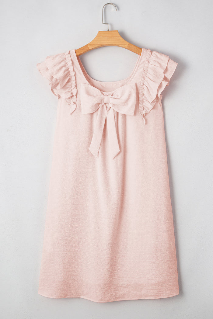 Light Pink Textured Flutter Sleeve Square Neck Bow Back Mini Dress Shewin