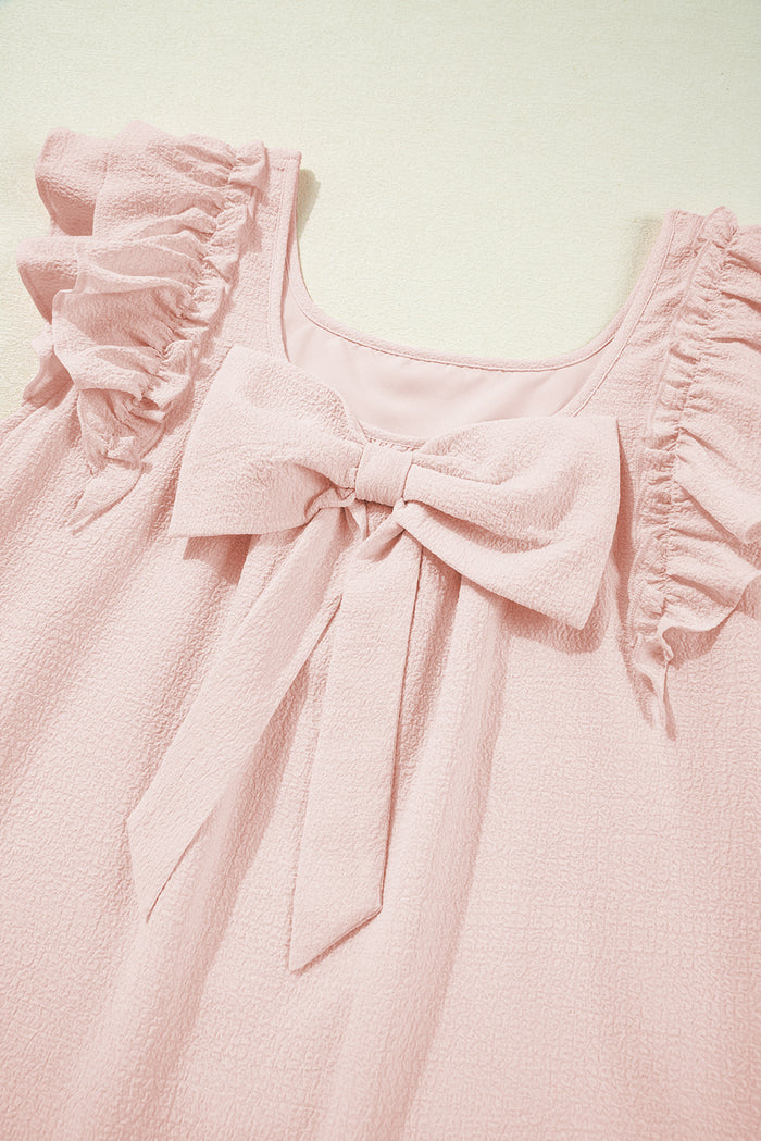 Light Pink Textured Flutter Sleeve Square Neck Bow Back Mini Dress Shewin