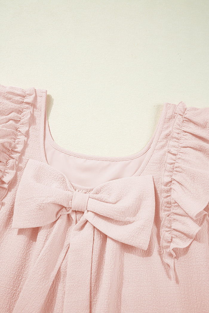 Light Pink Textured Flutter Sleeve Square Neck Bow Back Mini Dress Shewin