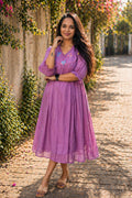 Lilac shaded chanderi Aline kurti/dress with floral thread embroidery detailed yoke MBS-878