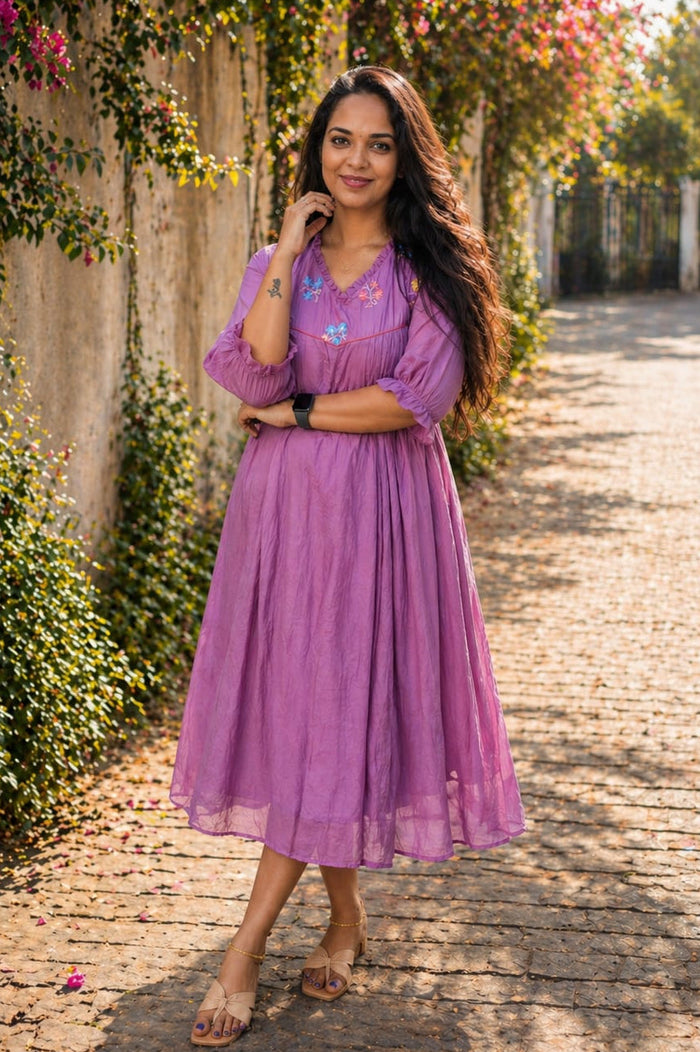 Lilac shaded chanderi Aline kurti/dress with floral thread embroidery detailed yoke MBS-878