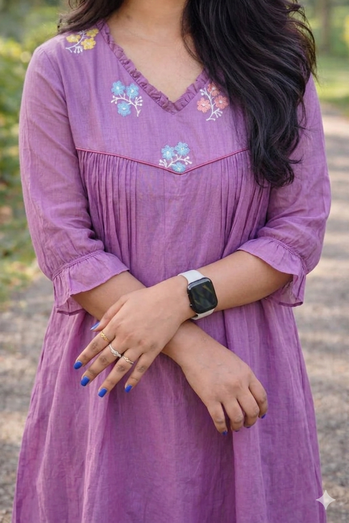 Lilac shaded chanderi Aline kurti/dress with floral thread embroidery detailed yoke MBS-878