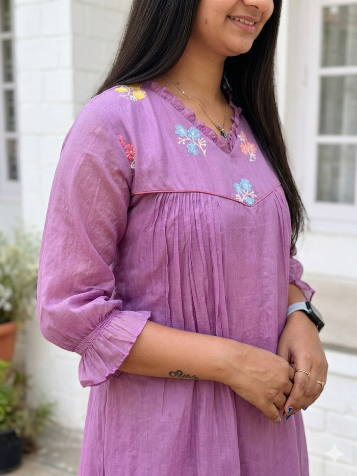 Lilac shaded chanderi Aline kurti/dress with floral thread embroidery detailed yoke MBS-878