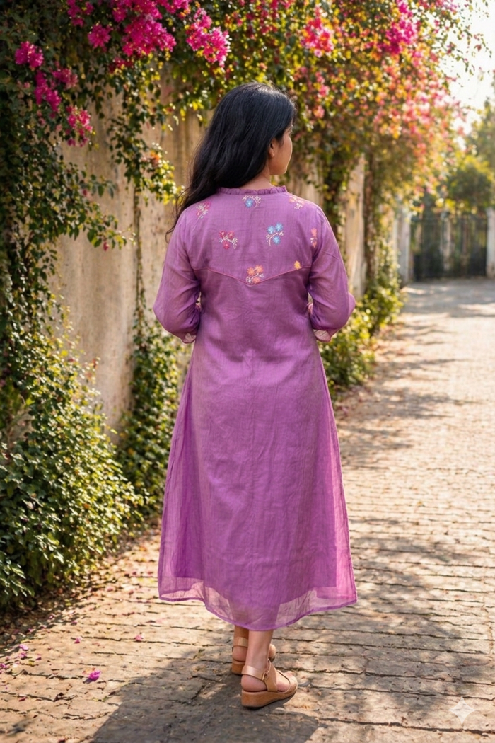 Lilac shaded chanderi Aline kurti/dress with floral thread embroidery detailed yoke MBS-878